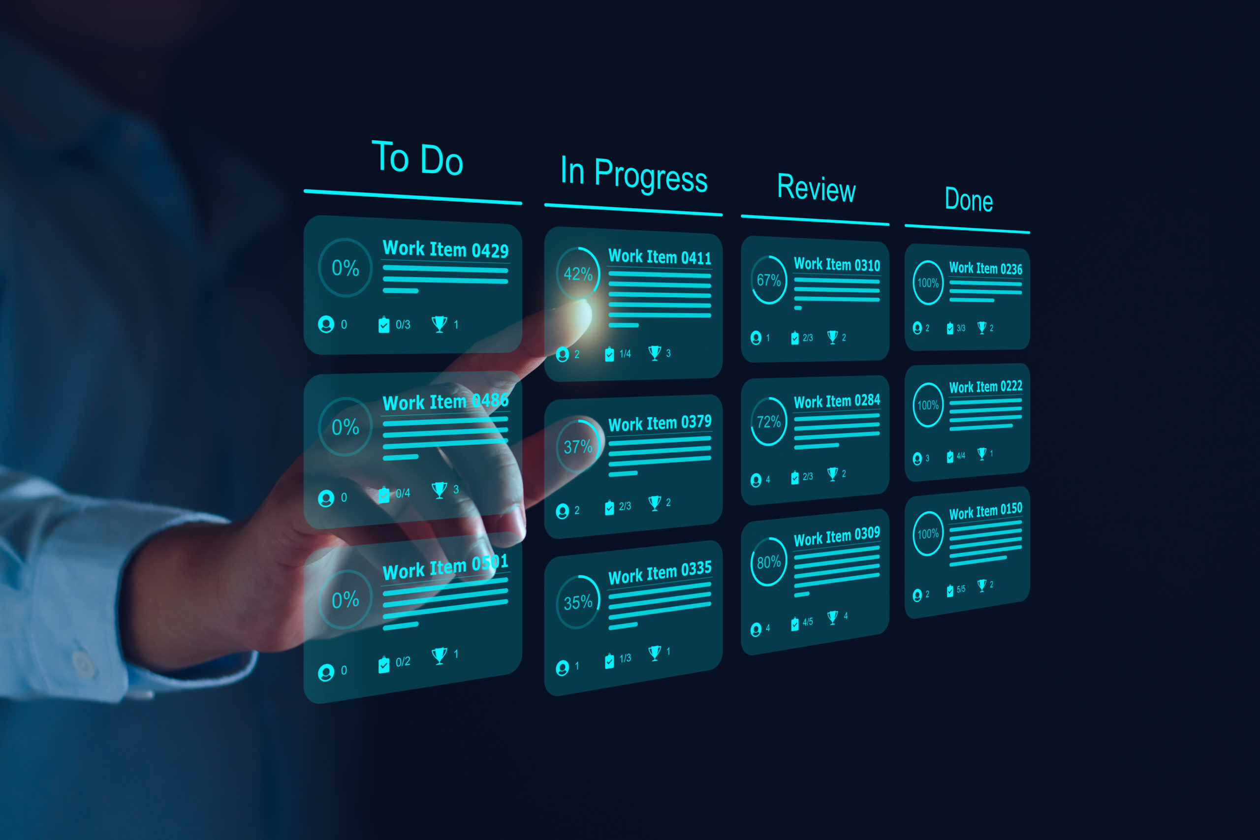 Developer pointing to Project management plan on virtual interface.