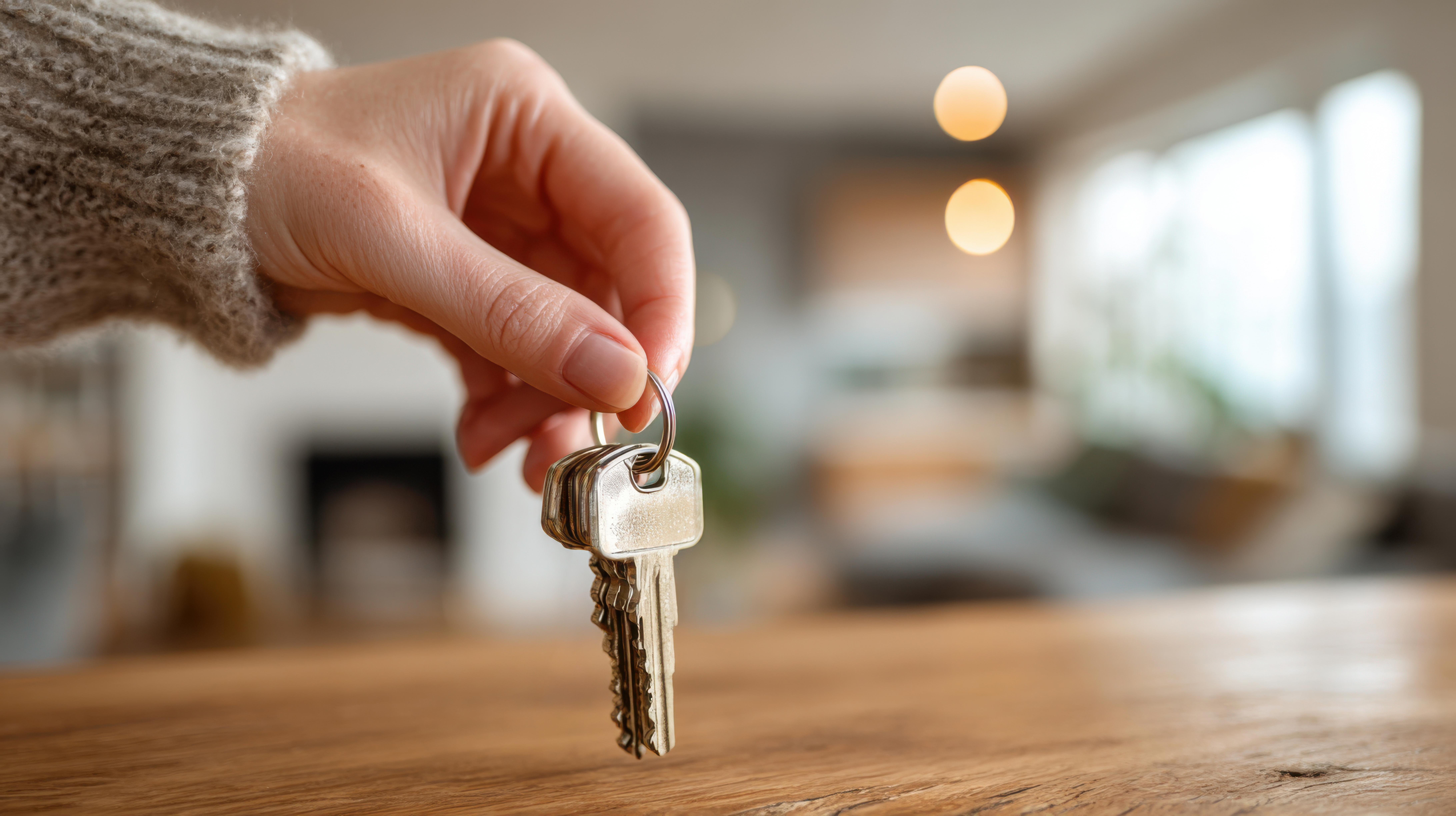 Hand holding house keys. Successful property deal or new home ownership.