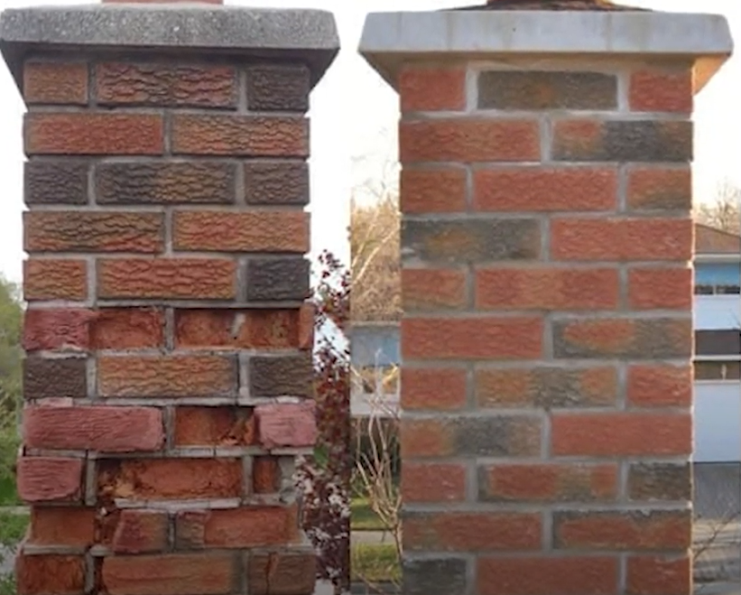 Chimney missing bricks next to a new serviced chimney