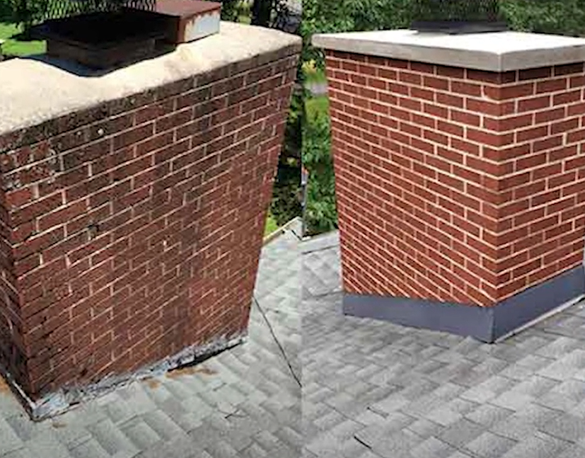 Before and after of a chimney repair