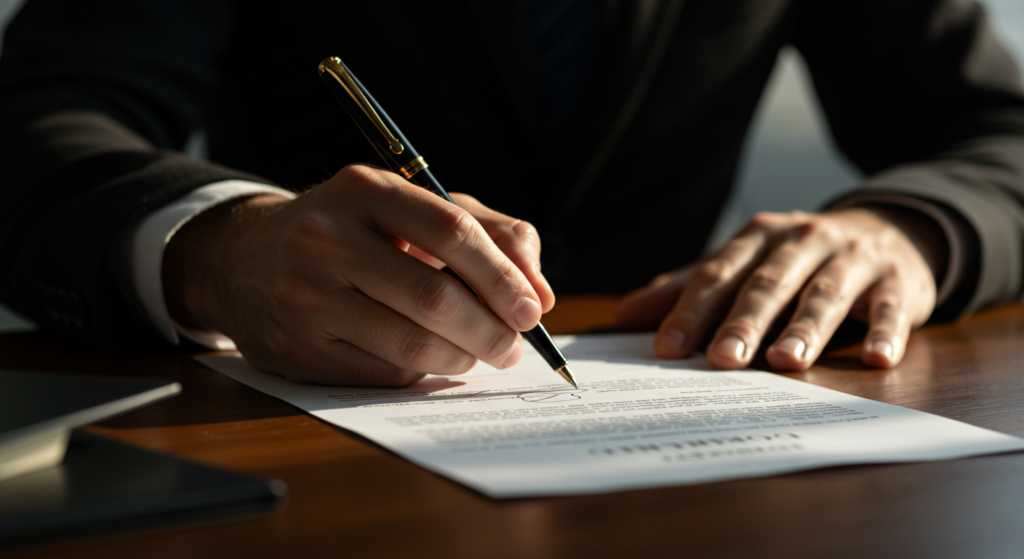 Businessperson signing legal contract with pen