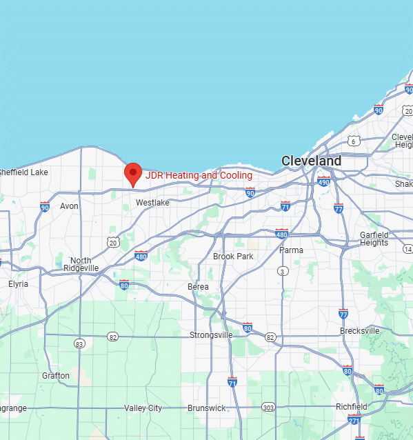 Map of the J.D.R. Heating & Cooling service area around Westlake, Ohio