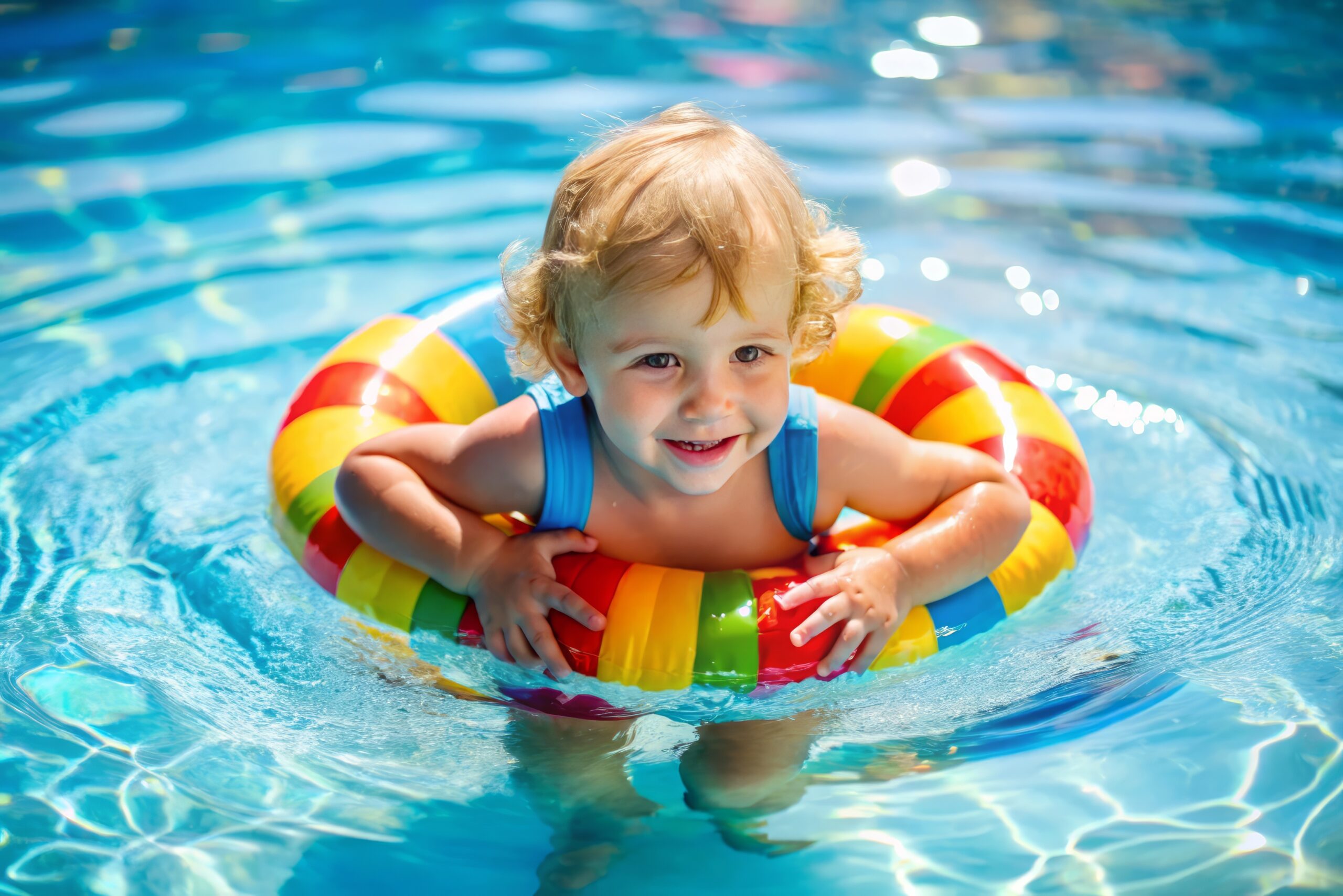 A Young Child Wearing Colorful Floaties Plays In A Swimming Pool On A Hot Summer Day. A Young Child Wearing Colorful Floaties Plays In A Swimming Pool On A Hot Summer Day.