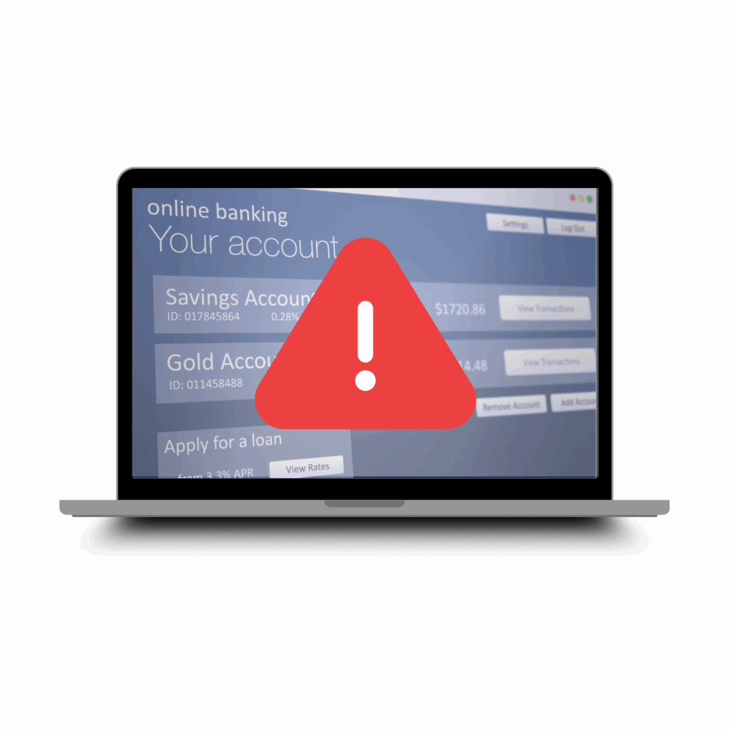 Laptop with online banking and warning symbol.